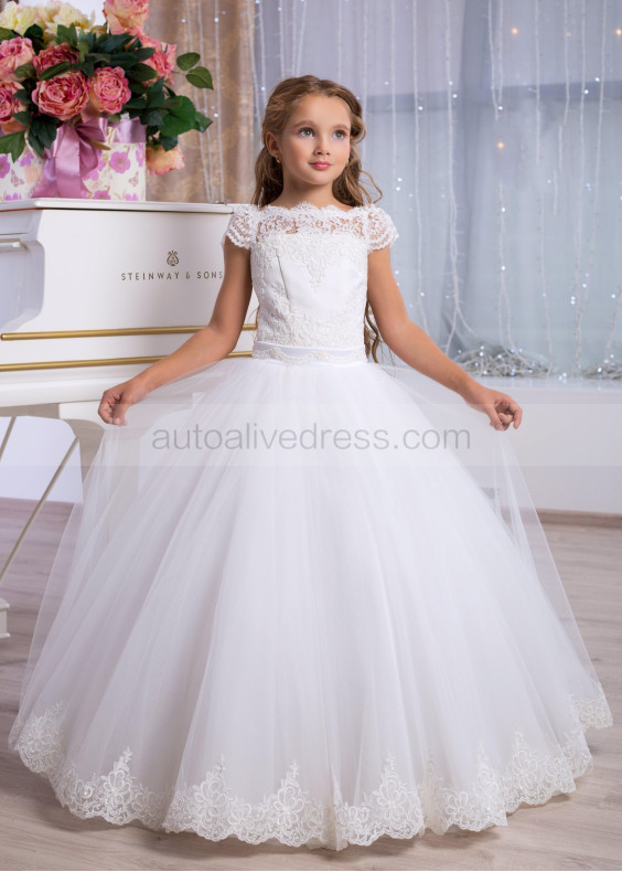 Cap Sleeves Ivory Lace Tulle Slit Back Cute Flower Girl Dress